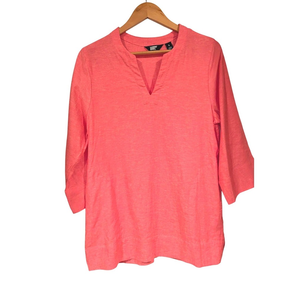 Lands End Coral Linen Blend V Neck 3/4 Sleeve Top Shirt Womens Size S